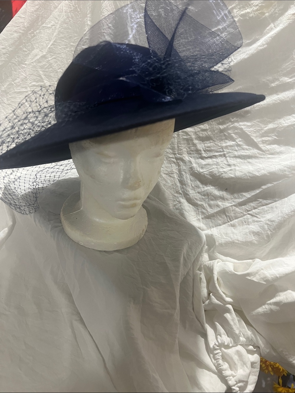 Elegant Navy Wide-Brim Women's Fascinator Hat with Veil